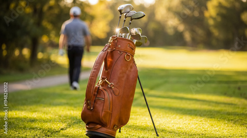 Classic brown leather golf bag with iron clubs on fairway green grass player walking away sunlight outdoor recreation traditional sports lifestyle