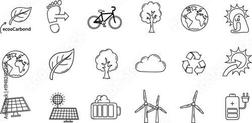 Collection of hand-drawn icons representing environmental sustainability and renewable energy sources