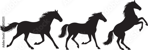 Horse silhouettes vector illustration with three dynamic black poses showing galloping trotting and rearing motion strength and grace