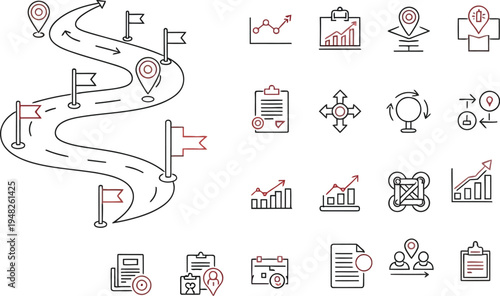 Roadmap with flag milestones illustrates a complex strategic journey toward achieving business goals and project.