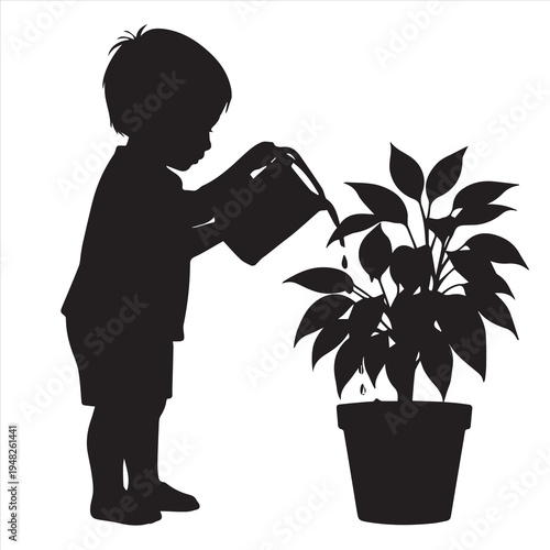 A young man carefully waters a small potted tomato seedling, nurturing new growth and green leaves in a minimalist garden illustration isolated on white