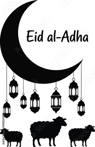 Canvas Print Eid al Adha Greeting Design with Crescent Moon Hanging Lanterns and Sheep Silhou
