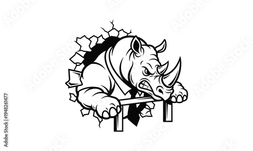 Rhino breaking through wall vector illustration rhinoceros boss logo