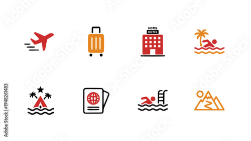 Flat icons representing tourism activities including flying, hotel, camping, beach, and outdoor adventures.