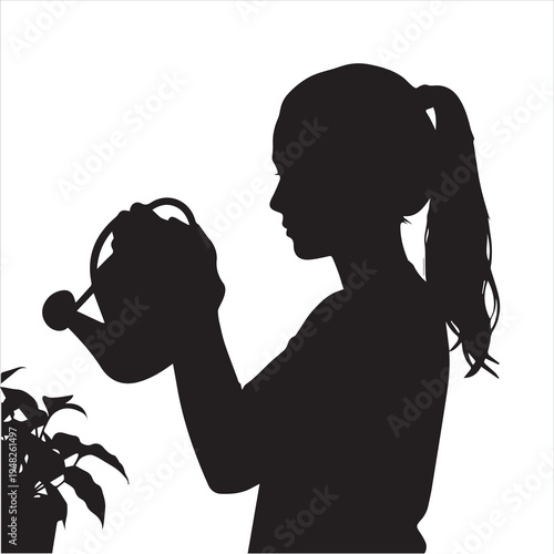 Artistic black vector illustration of a silhouette of a woman holding a rose in a moment of romance and fashion