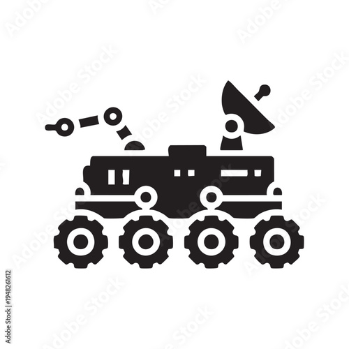 A black silhouette illustration depicts a robotic rover with a satellite dish and articulated arm