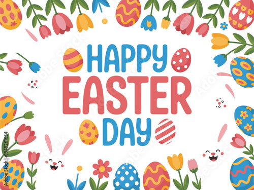 Bright Easter day typography framed by cheerful tulips and decorated eggs border.