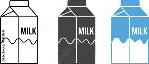 Minimalist milk carton icon set with line art, gray and blue variations showing rectangular carton with wavy milk level