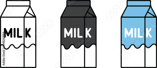 Minimalist milk carton icon set with line art, gray and blue variations showing rectangular carton with wavy milk level