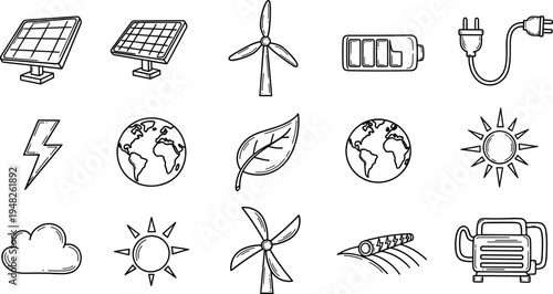 Collection of hand-drawn icons representing renewable energy sources and environmental concepts