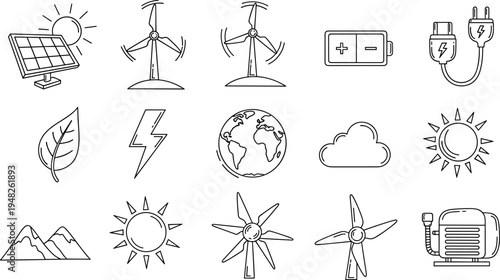 Collection of clean energy and nature icons in a simple line art style