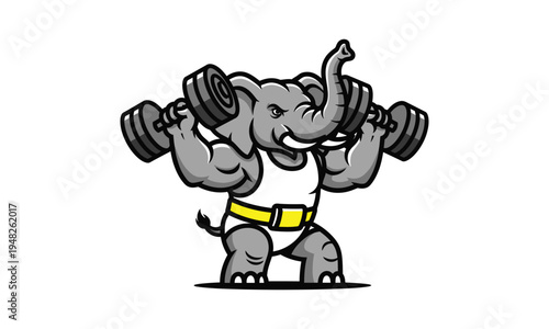 Strong elephant lifting heavy dumbbells in a weightlifting stance