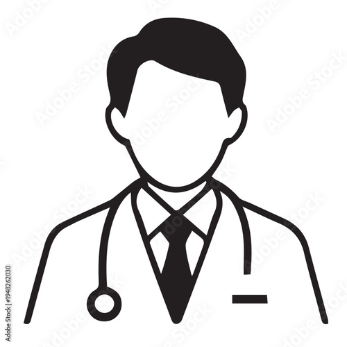 Cartoon illustration of a customer service representative and call center operator character wearing a business suit and tie working in an office with a person icon and professional job sign