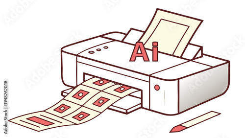 Modern AI Printer producing Vector Art and Patterned Output,  line art illustration of a desktop printer, branded with 'Ai', producing a strip of geometric patterned prints. A small pen is positioned 