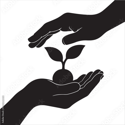 A silhouette vector illustration of human hands holding a plant as a business concept symbol of love and growth featuring a black gesture design of arms and fingers
