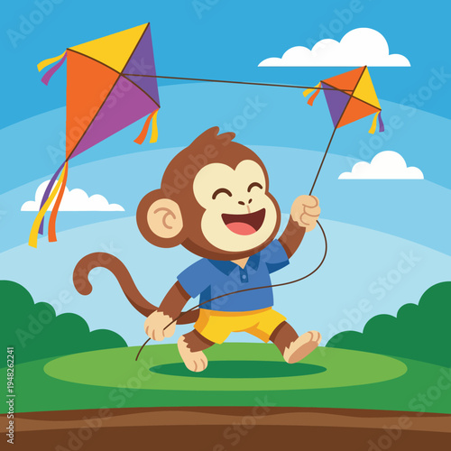 The image depicts a joyful monkey happily flying colorful kites in a bright, picturesque landscape, embodying happiness, playfulness, and the spirit of childhood adventure.