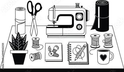 sewing machine, tools and supplies on a table