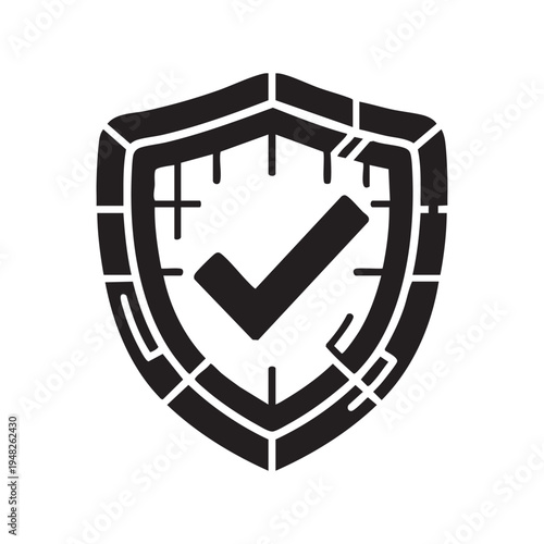 A black shield icon features a white checkmark symbolizing security protection and validation high quality professional