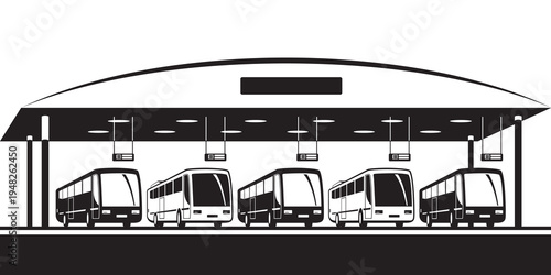 Busses stand at covered coach station – vector illustration