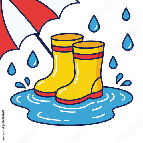A whimsical illustration featuring bright yellow boots standing playfully in water under an umbrella, capturing the joy of rainy days and outdoor adventure.