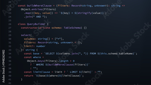 Programming code displayed on black screen. Javascript syntax written in editor. Software development and web engineering concept. Digital technology for backend script writing process.