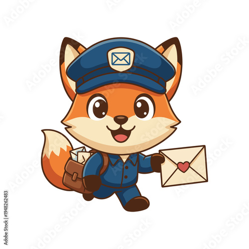 A cute cartoon fox dressed as a postman cheerfully holds an envelope, symbolizing communication and the joy of delivering messages filled with warmth, friendship, and love.