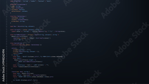 Typescript code lines on dark screen. Software developer programming backend logic. Modern web development, database query builder syntax. Abstract technology background for website design.