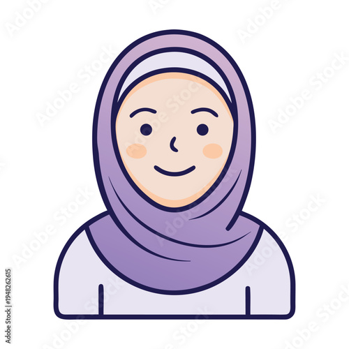 A smiling woman wearing a lilac hijab presented as a simple cartoon illustration high quality professional