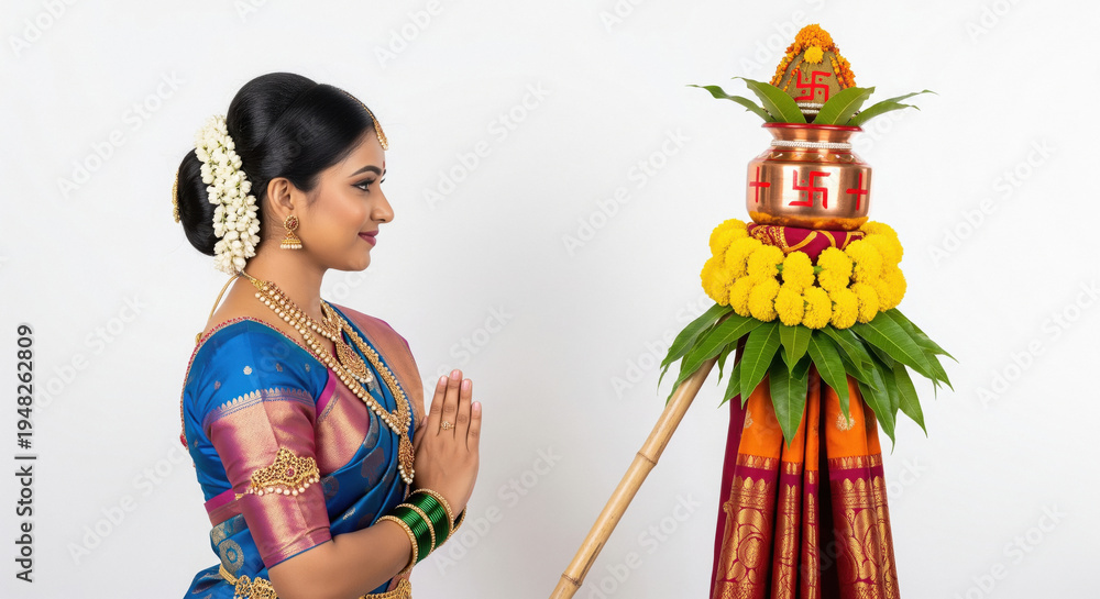Fototapeta premium Indian Woman Celebrates Gudi Padwa with Traditional Festive Decor