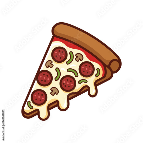 A mouthwatering slice of pepperoni pizza featuring vibrant toppings, capturing the essence of comfort food and indulgence in a fun and appealing graphic style.