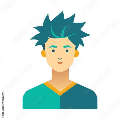 A digital illustration of a young man with spiky teal colored hair and a neutral expression
