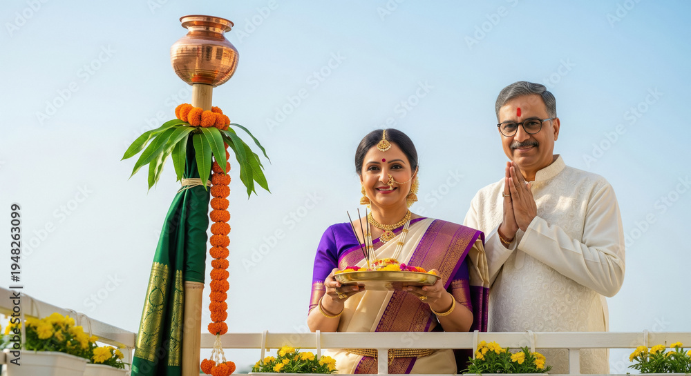 Naklejka premium Happy Indian Couple Celebrating Gudi Padwa, Traditional Hindu New Year