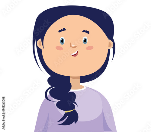 Portrait of a cute smiling girl with long dark hair braided in a plait, happy female child character.