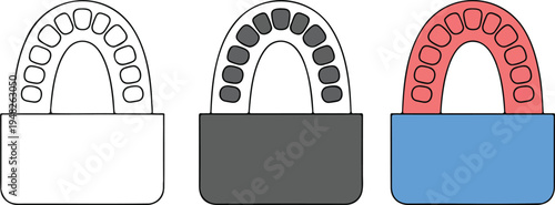 Minimalist dental prosthetic icon set with black, gray, and blue variations showing curved arch with multiple teeth segments