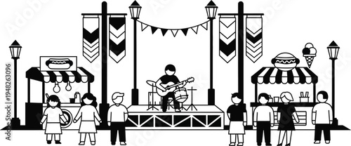 outdoor festival scene with live music and food stalls
