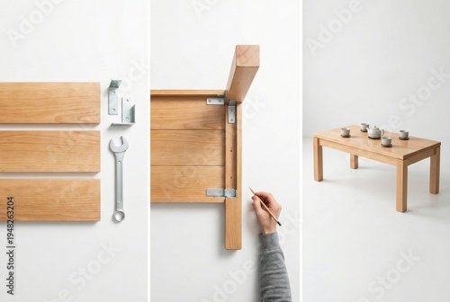 Crafting a minimalist wooden table with detailed joinery components showcased alongside hand tools demonstrating precision craftsmanship and functionality