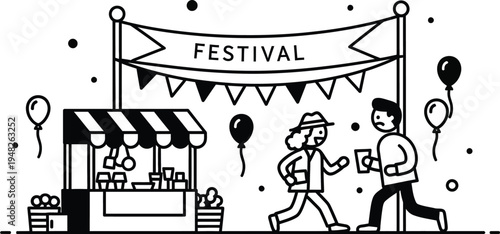 festival illustration with people walking by food stand