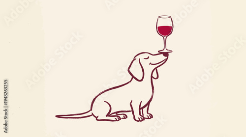 Charming Dachshund Dog Skillfully Balancing a Glass of Red Wine on Its Nose in a Playful Illustration