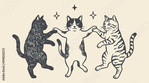 Three whimsical cats dancing and holding paws under a starry sky
