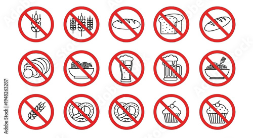 Forbidden food and drink icons cross marks on various food and beverage items