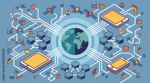 Global technology network connecting devices and data around the Earth