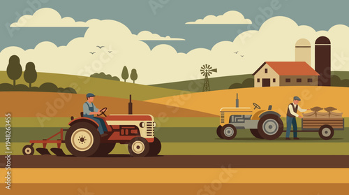Vintage-style illustration of farmers working the land with tractors, plowing fields and harvesting crops in a classic rural scene