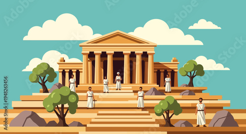 Timeless scene of classical architecture and figures in a serene, ancient setting, depicting cultural heritage