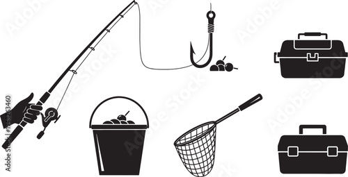 Black and white fishing gear including rod bucket and tackle boxes fishing rod fishing hook