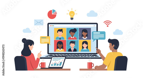 Professional team connecting remotely through a video conference call on laptop, facilitating online meetings and virtual collaboration