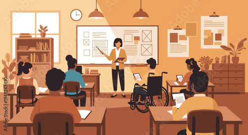 Inclusive Classroom Education Teacher Guiding Diverse Students in a Contemporary Setting