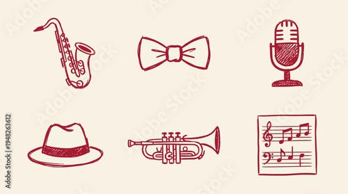 Hand-drawn vintage jazz music elements collection featuring classic instruments, stylish accessories, and musical notes