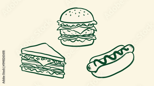 Delicious naive Hand-Drawn Icons of a Burger, Sandwich, and Hot Dog on a Light Background