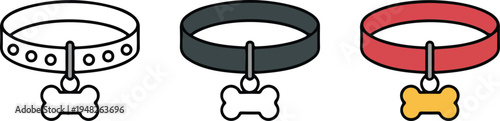 Minimalist dog collar icon set with bone tags in black, gray, and red variations arranged horizontally on white background