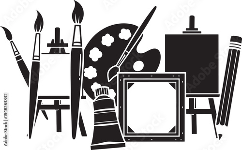 Black and white of artist's painting supplies brushes easel